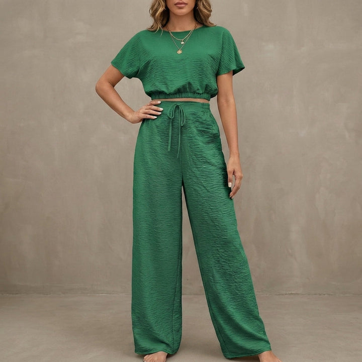 Duttini | Timeless Coastal Breeze Textured Two-Piece Lounge Set With Wide-Leg Pants