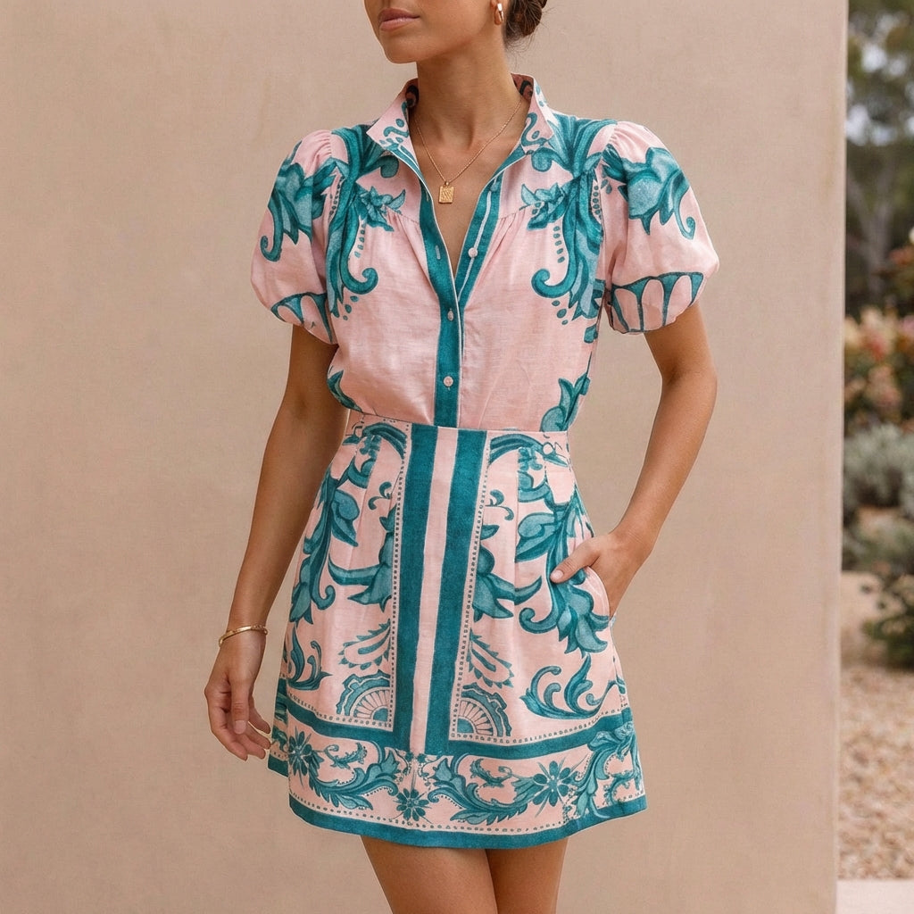 Duttini | Sculpted Puff Sleeve Button-Front Top And A-Line Mini Skirt Matching Set With Band Collar