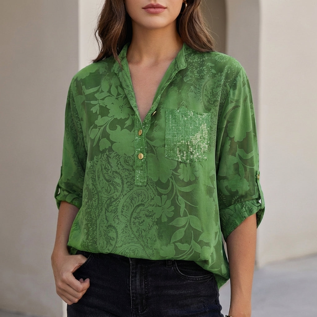 Duttini | Statement Relaxed Floral Burnout Blouse With Adjustable Roll-Tab Sleeves
