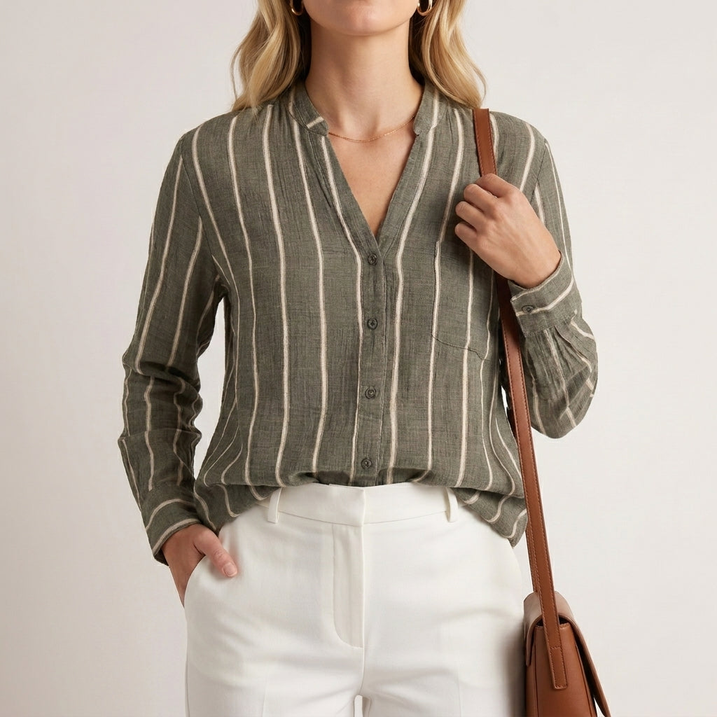 Duttini | Chic Relaxed Fit Woven Blouse With Stand Collar And Vertical Stripes