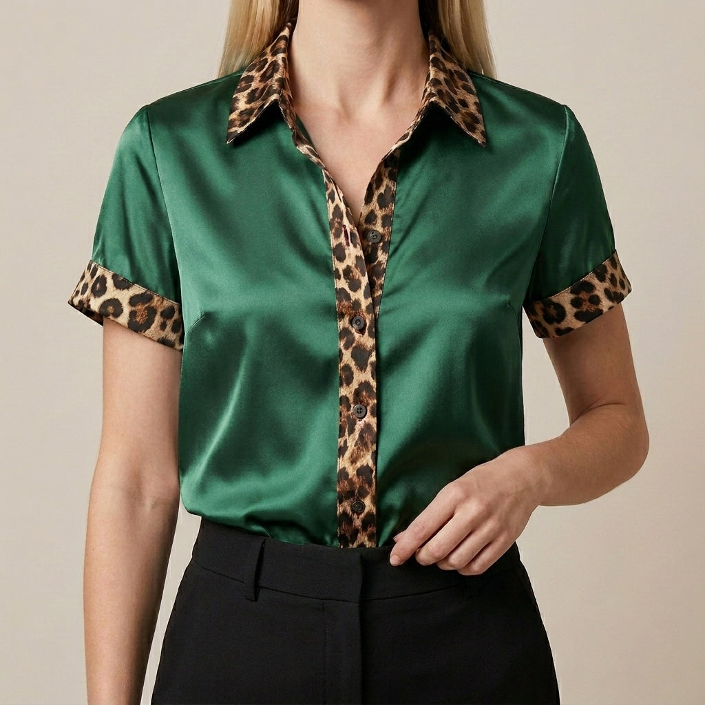Duttini | Sculpted Leopard Trim Satin Button-Front Statement Blouse