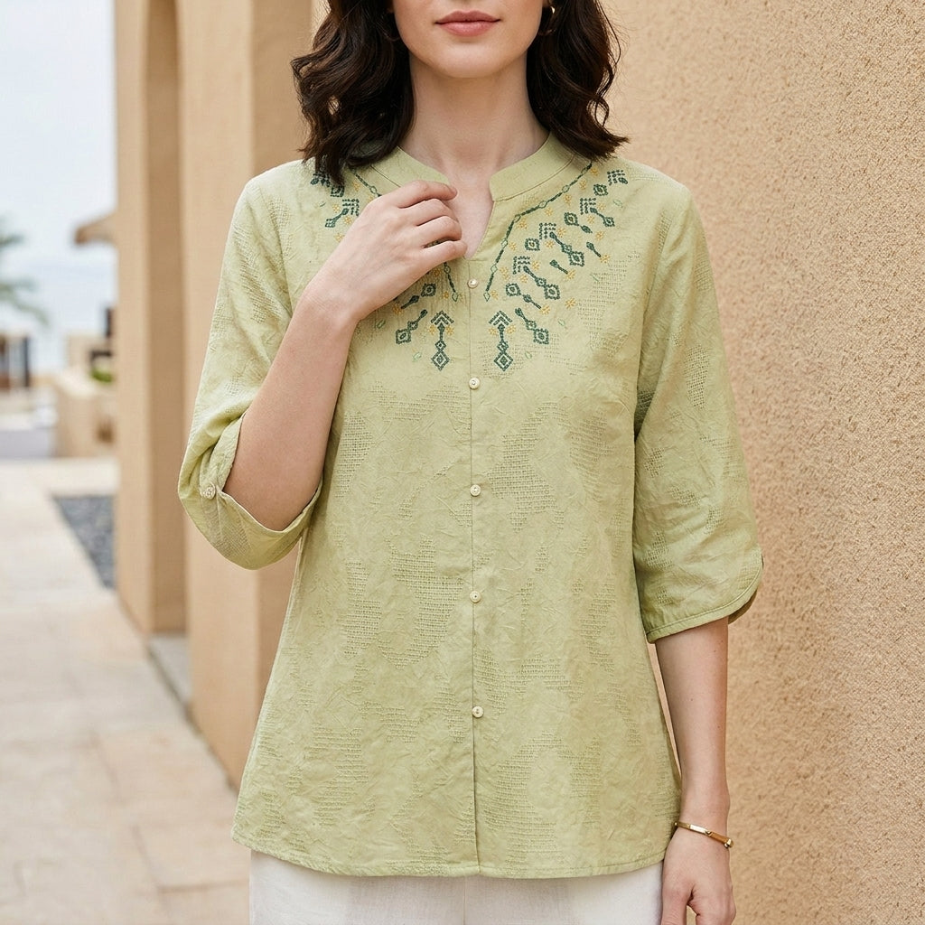 Duttini | Elegant Embroidered Notch Neck Relaxed Everyday Blouse