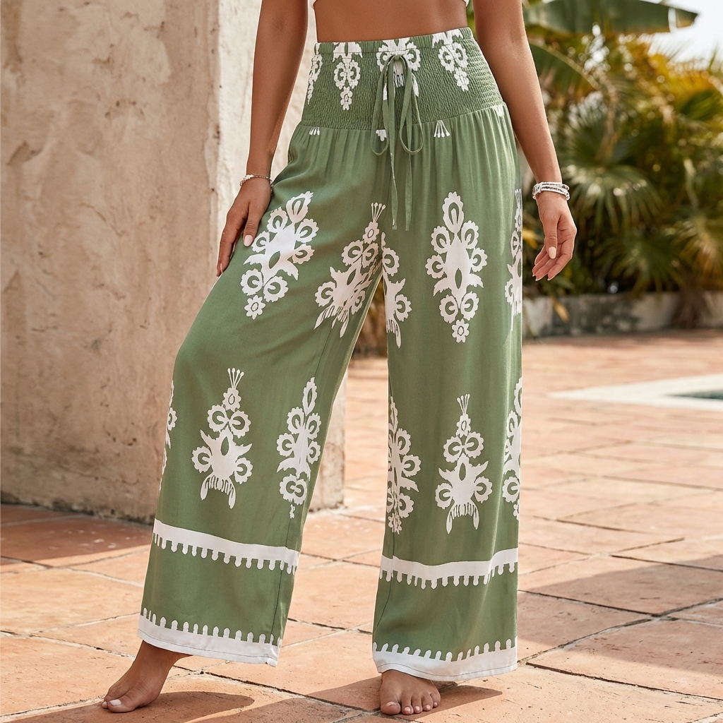 Duttini | Elegant Bohemian-Inspired Flowing Wide-Leg Pants With Ornate Gathered Waist And Decorative Hem