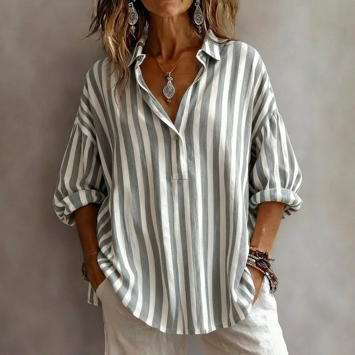 Duttini | Timeless Relaxed Striped V-Neck Shirt Blouse With Rolled 3/4 Sleeves