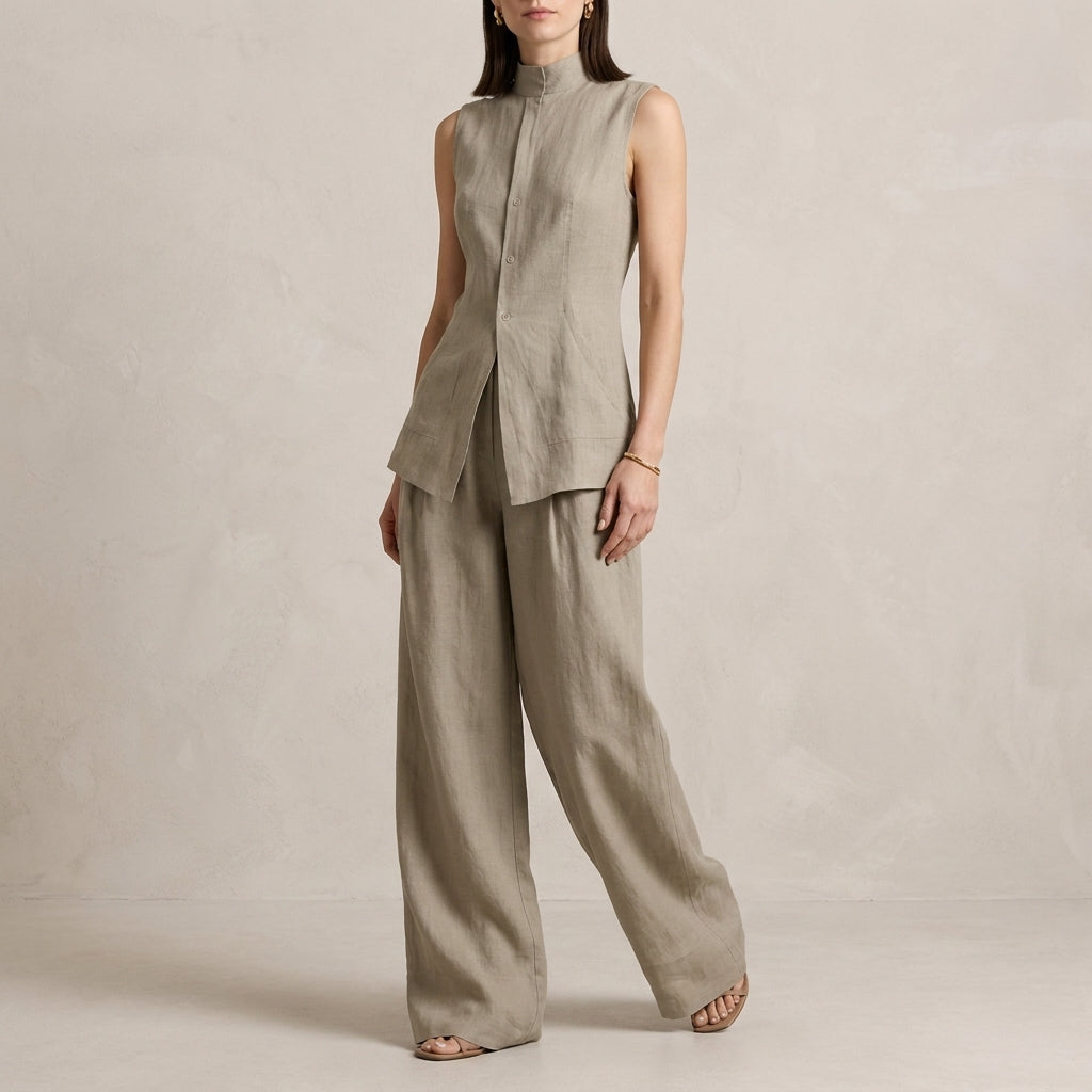 Duttini | Sophisticated Sleeveless High-Neck Two-Piece Set With Flowing Wide-Leg Trousers