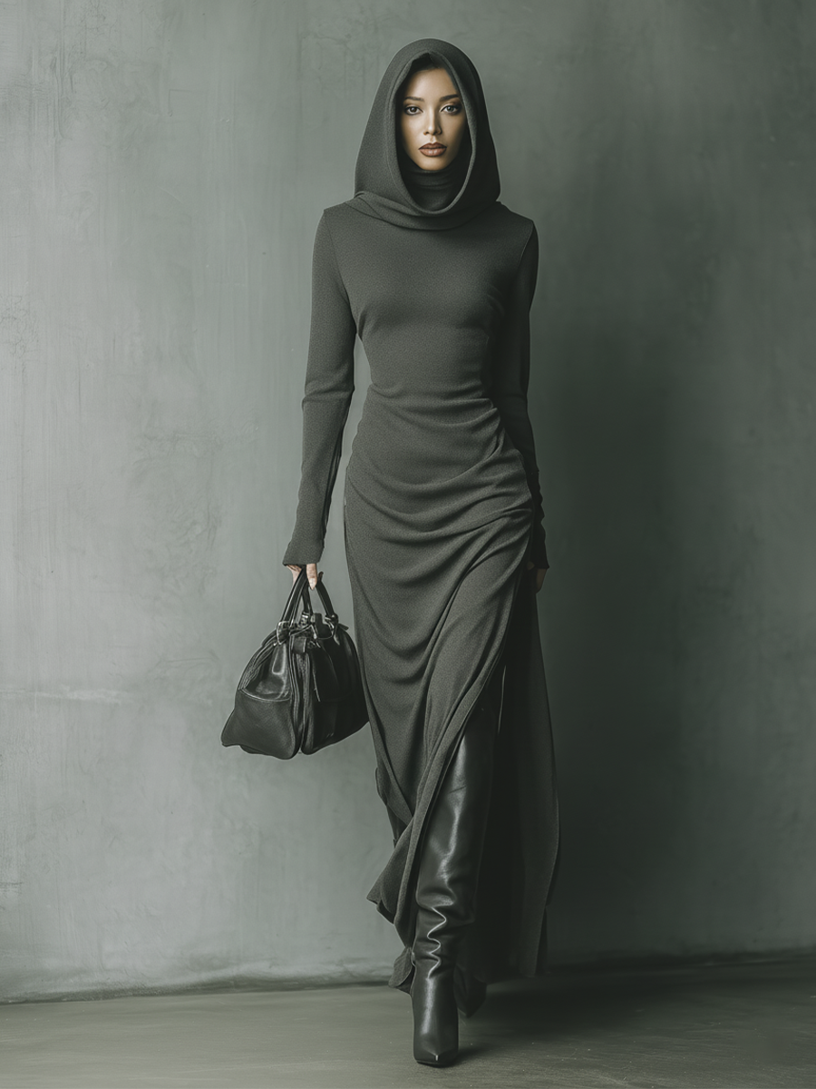 Duttini | Grey Knit Hooded Dress