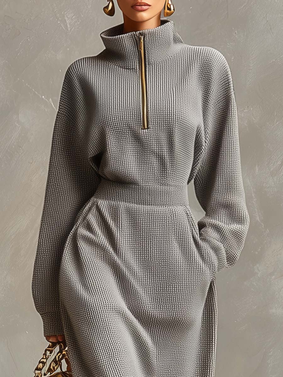 Duttini | Grey Waffle Long Sleeve Casual Dress