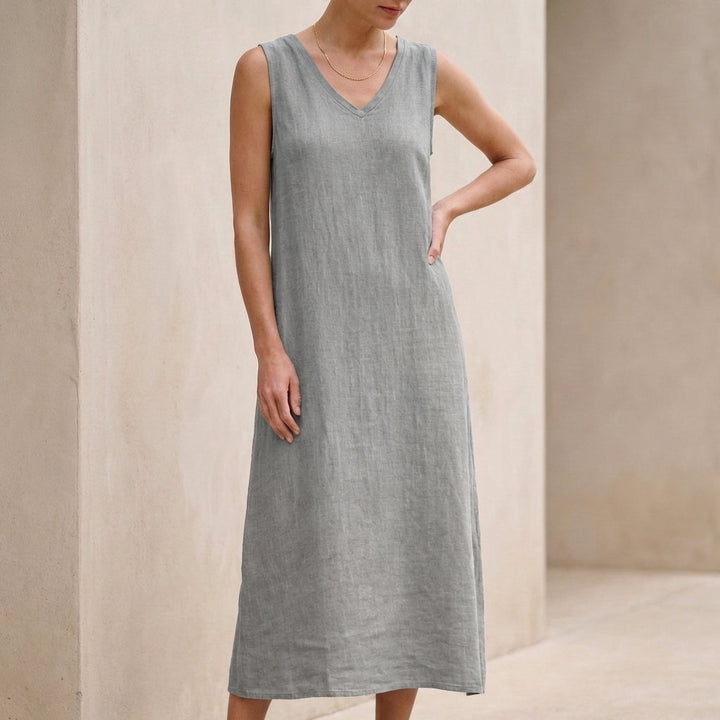 Duttini | Effortless Cotton Linen V-Neck Sleeveless Shift Midi Dress With Pockets
