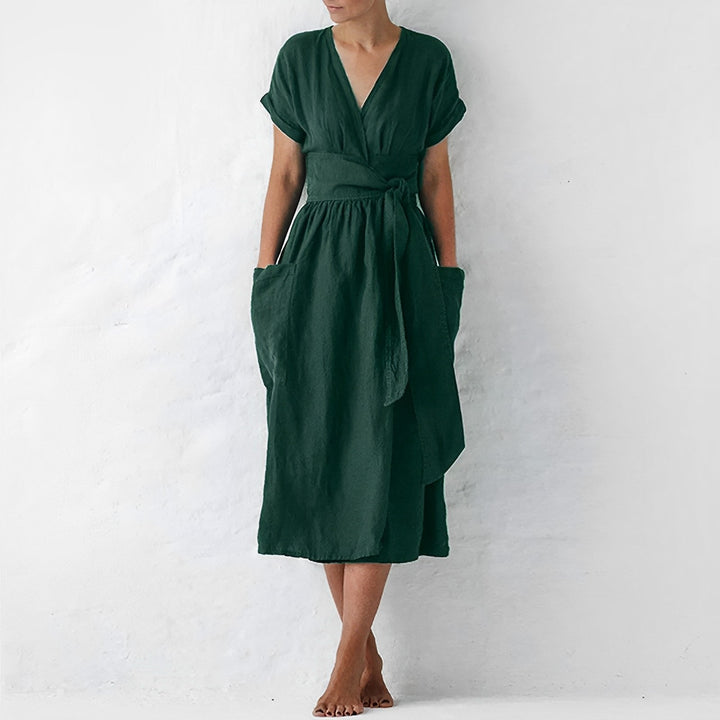 Duttini | Modern Relaxed Fit Linen Blend Wrap Midi Dress With Pockets