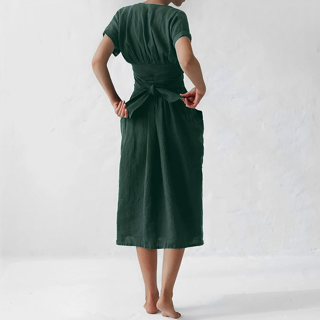 Duttini | Modern Relaxed Fit Linen Blend Wrap Midi Dress With Pockets