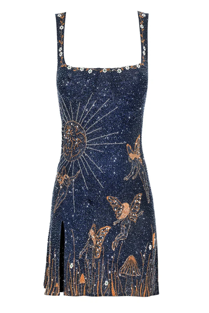 Duttini | Beaded Mini Dress for Women in Midnight Blue