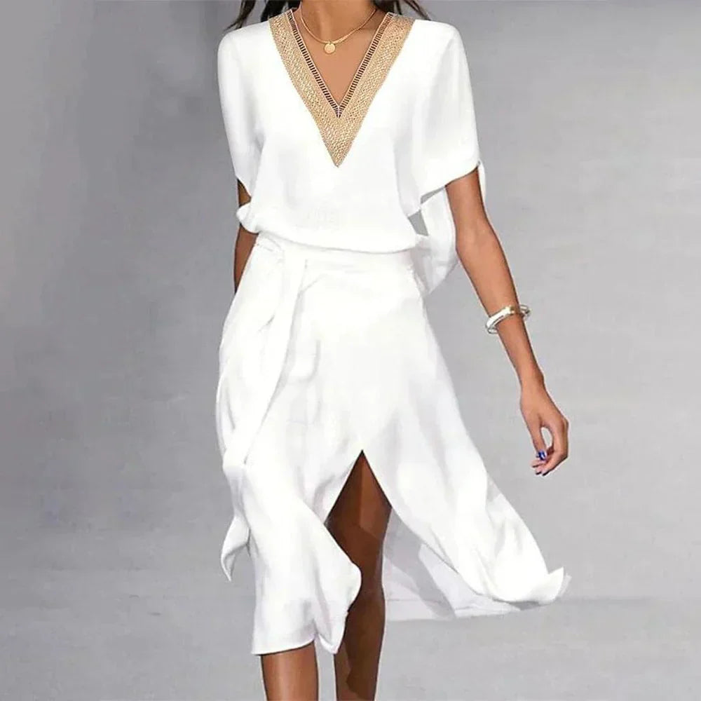 Duttini | Modern White Midi Dress V-Neck Gold Trim Short Sleeve