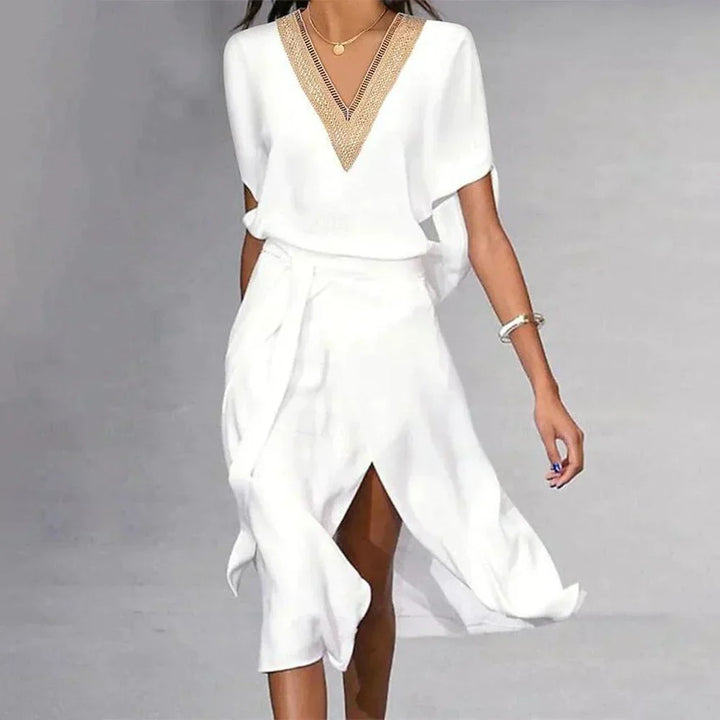 Duttini | Modern White Midi Dress V-Neck Gold Trim Short Sleeve