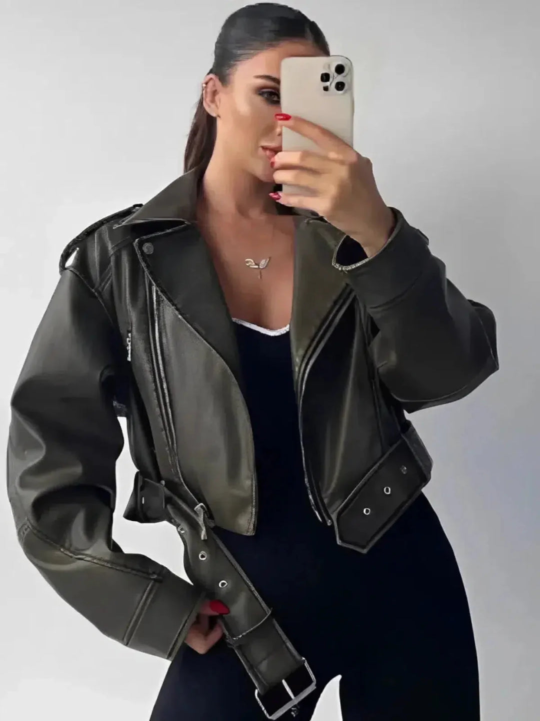 Duttini | Cropped Fitted Belted Biker Jacket