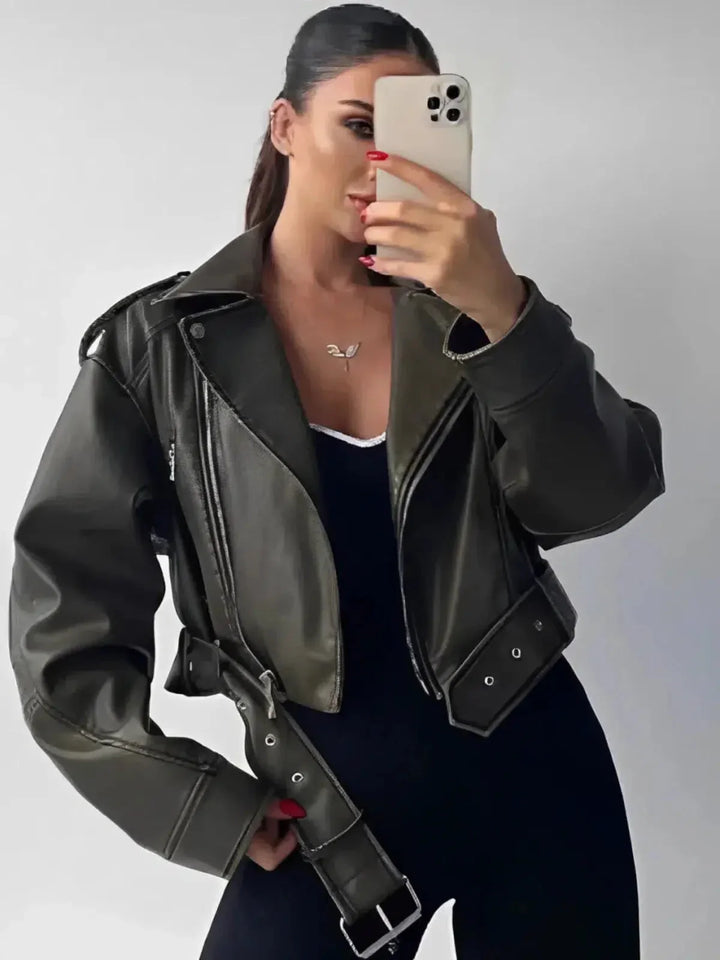 Duttini | Cropped Fitted Belted Biker Jacket