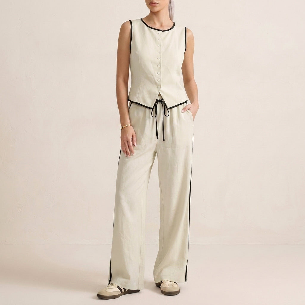 Duttini | Elegant Contrast Trim Two-Piece Set With Relaxed Wide-Leg Pants And Top