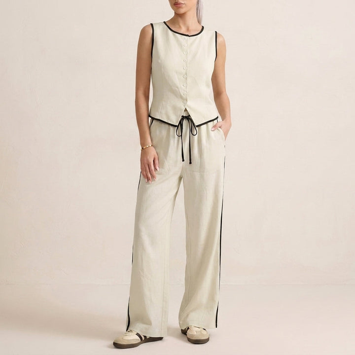 Duttini | Elegant Contrast Trim Two-Piece Set With Relaxed Wide-Leg Pants And Top