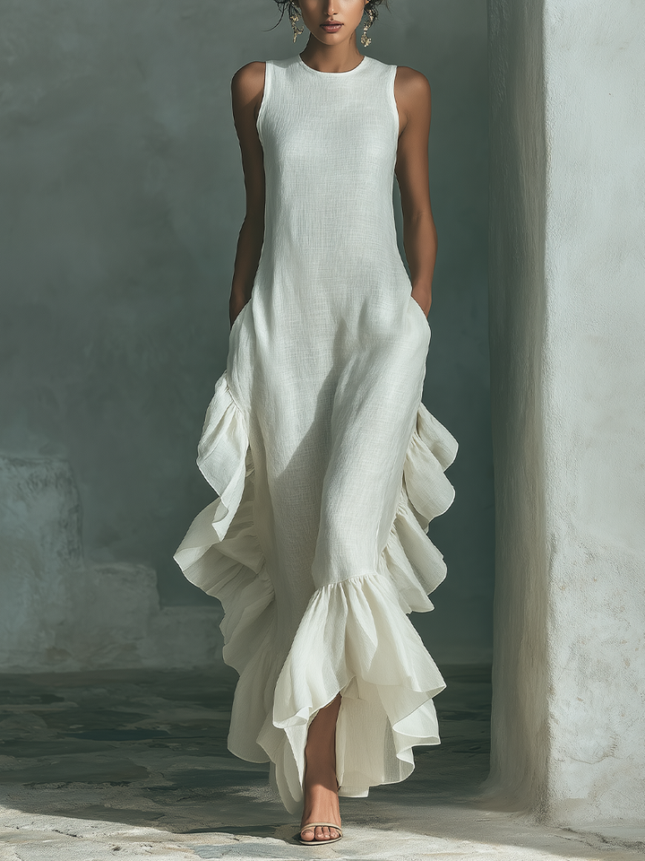 Duttini | Ivory Linen Ruffle Dress