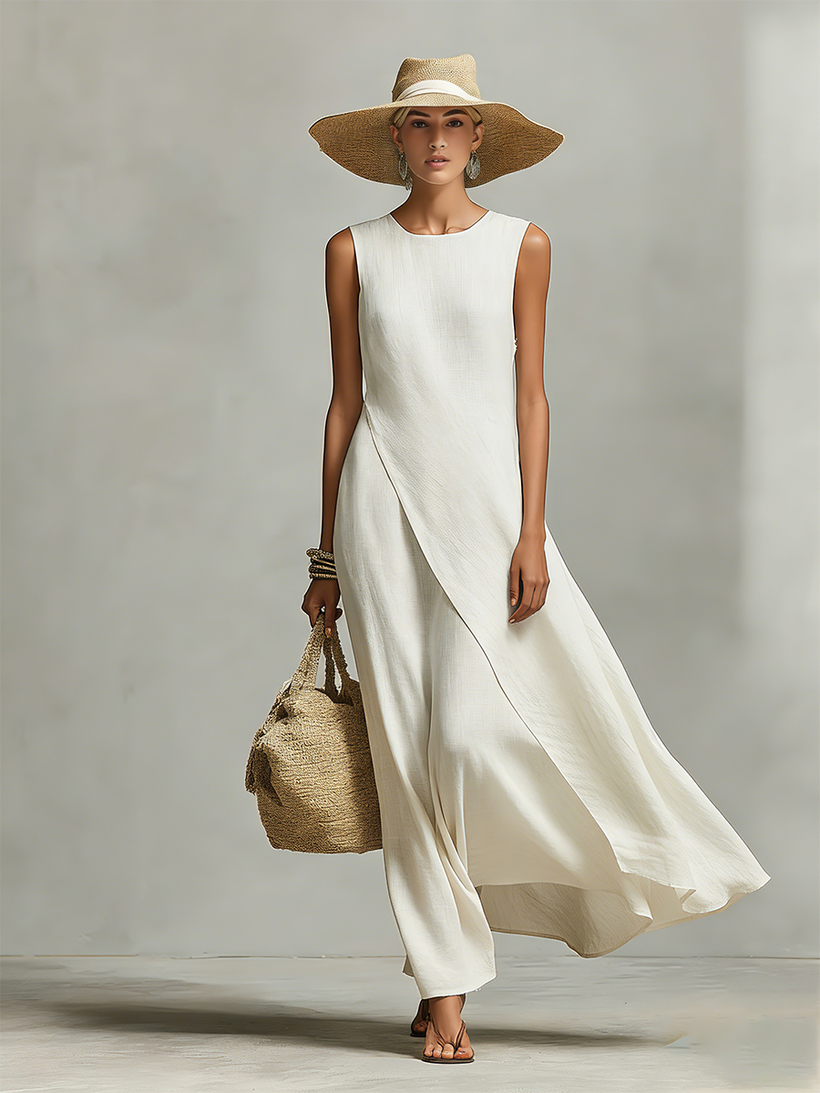 Duttini | Ivory Linen Sleeveless Casual Dress