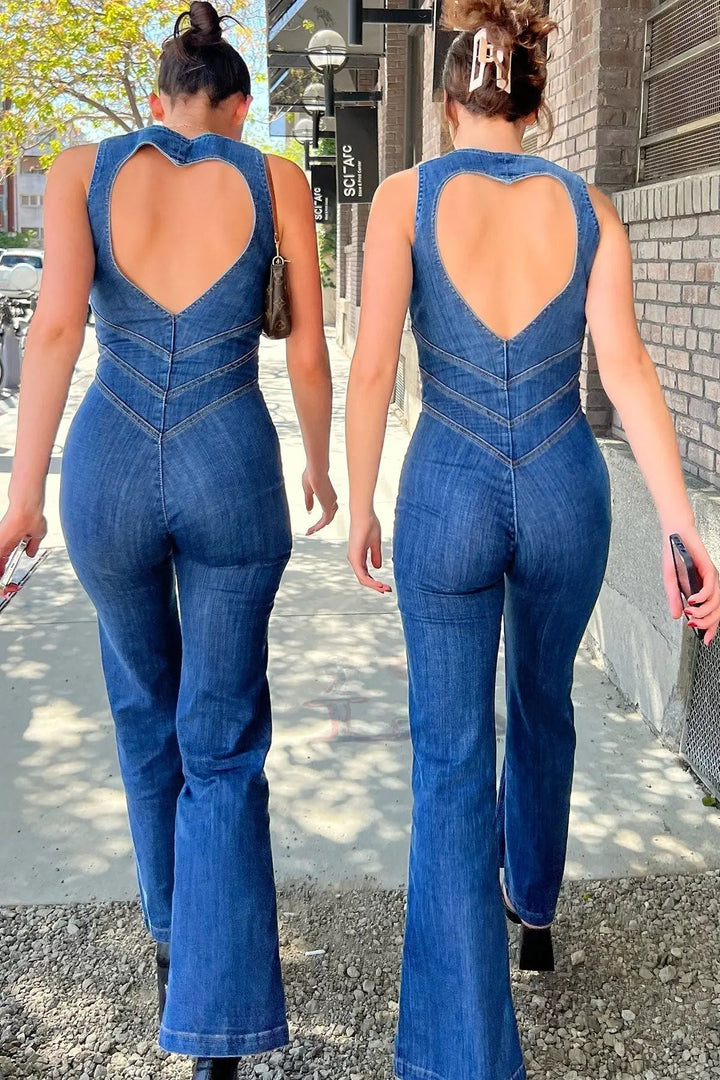 Duttini | Fitted Denim Jumpsuit with Plunge Neck and Flared Legs