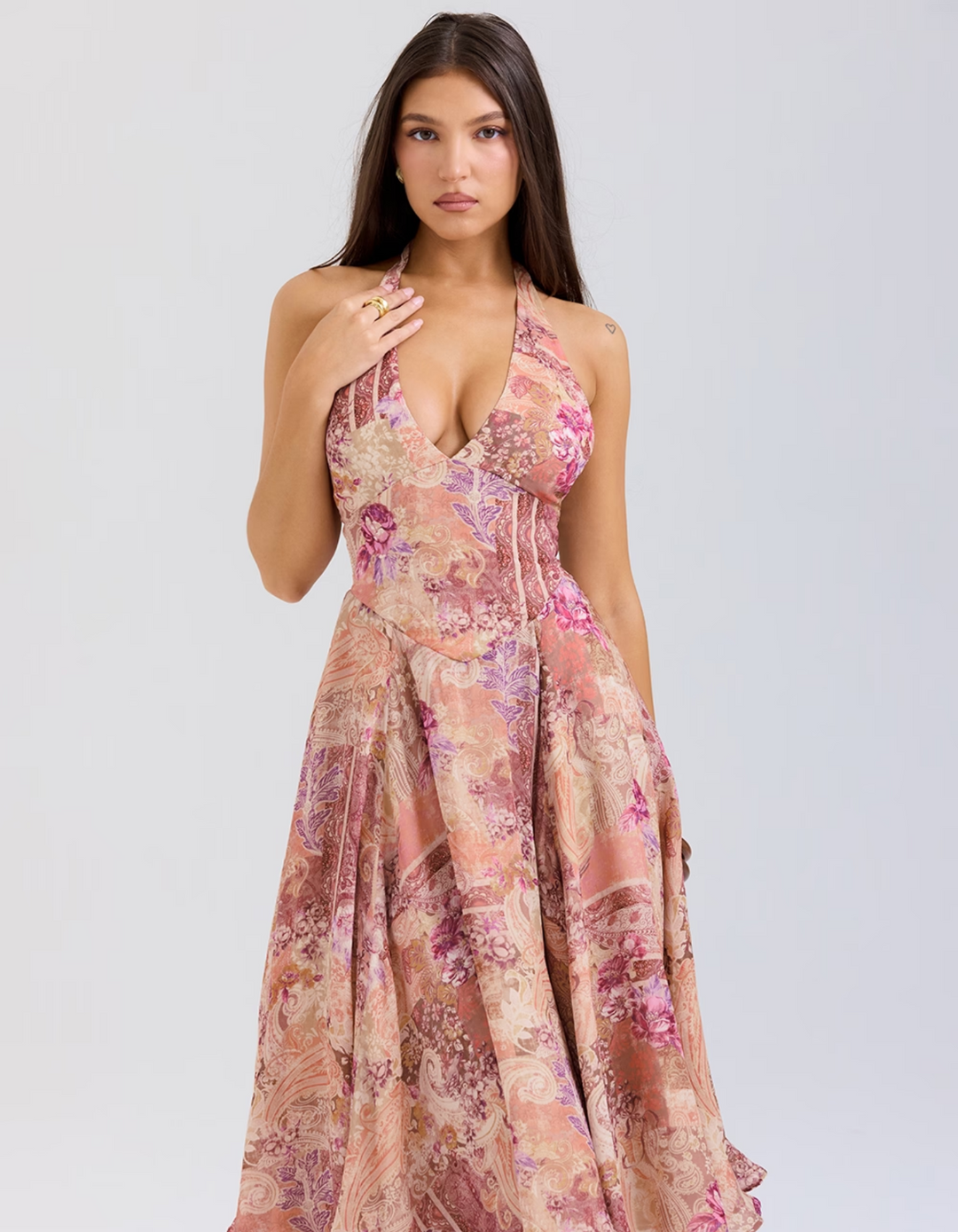 Duttini | Paisley Patchwork Print Halter Midi Dress