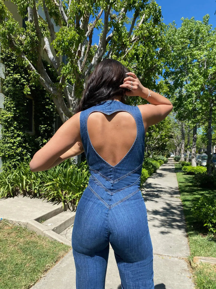 Duttini | Fitted Denim Jumpsuit with Plunge Neck and Flared Legs