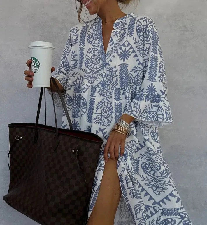 Duttini | Boho Print V-Neck 3/4 Sleeve Swing Dress with Graceful Drape
