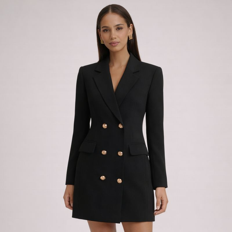 Duttini | Tailored Mini Blazer Dress for Women in Classic Black with Gold Buttons