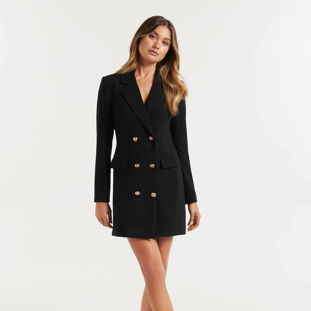 Duttini | Tailored Mini Blazer Dress for Women in Classic Black with Gold Buttons