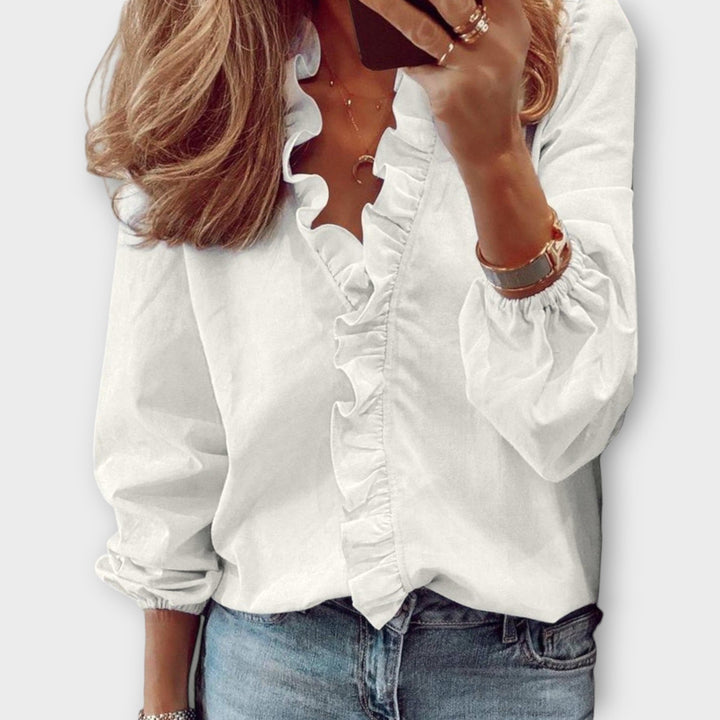 Duttini | Flowing Ruffle Front V-Neck Long Sleeve Blouse