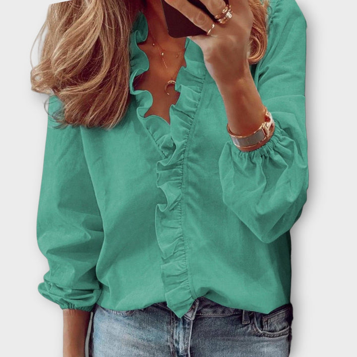 Duttini | Flowing Ruffle Front V-Neck Long Sleeve Blouse