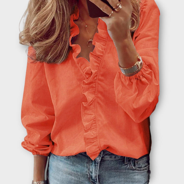 Duttini | Flowing Ruffle Front V-Neck Long Sleeve Blouse