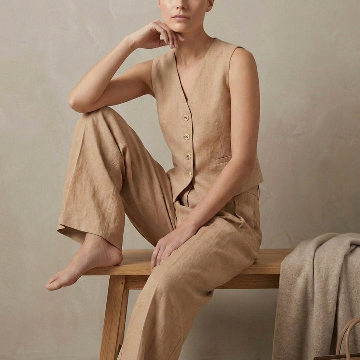 Duttini | Graceful Tailored Linen Sleeveless Vest And High-Waisted Pleated Trouser Set