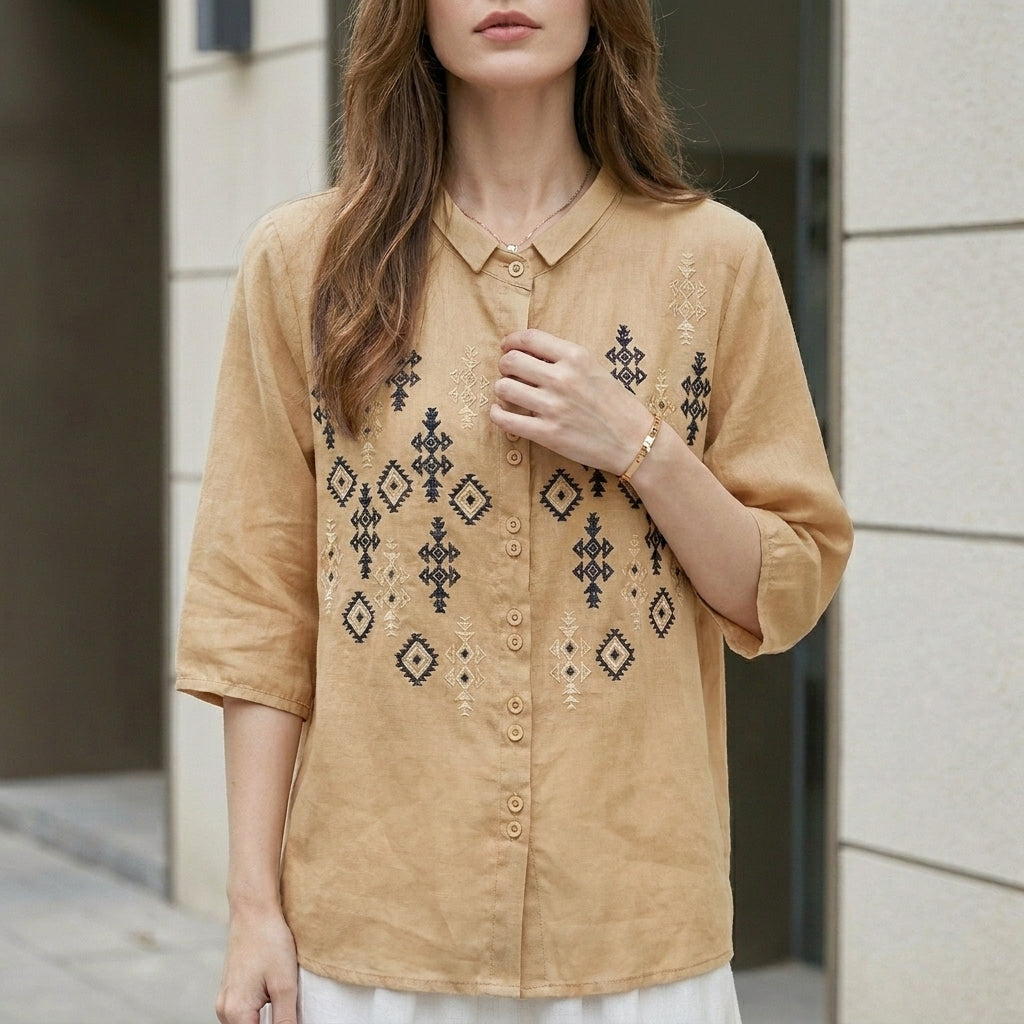 Duttini | Elegant Embroidered Geometric Button-Down Blouse With Stand Collar And Relaxed Fit