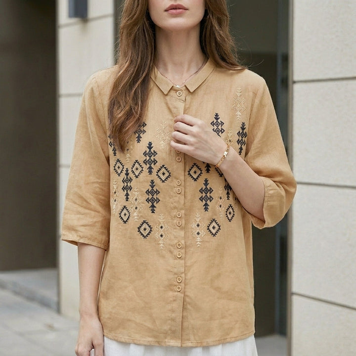 Duttini | Elegant Embroidered Geometric Button-Down Blouse With Stand Collar And Relaxed Fit