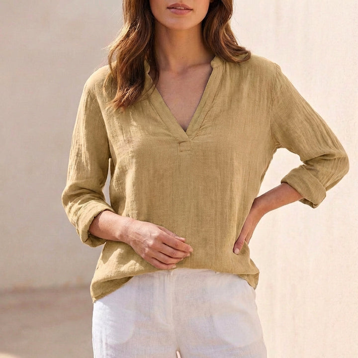Duttini | Sophisticated Relaxed Cotton Linen V-Neck Pullover Blouse With Textured Finish
