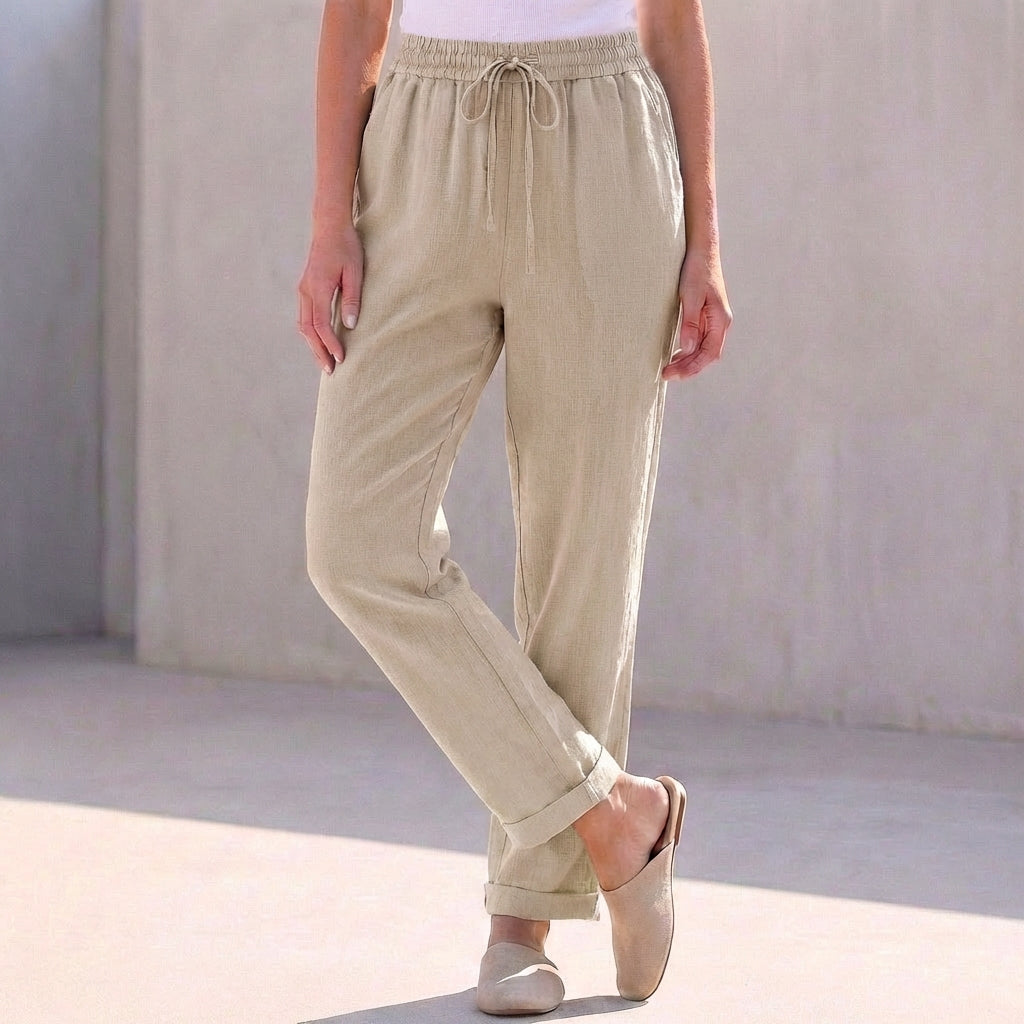 Duttini | Modern Relaxed Fit Cotton Linen Ankle-Length Pants With Drawstring Waist