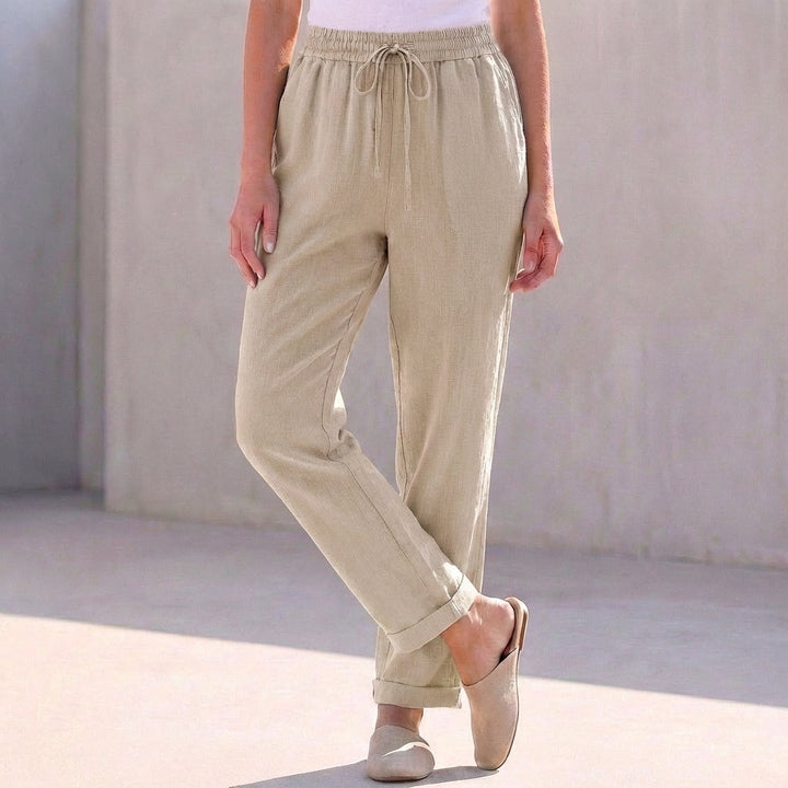 Duttini | Modern Relaxed Fit Cotton Linen Ankle-Length Pants With Drawstring Waist