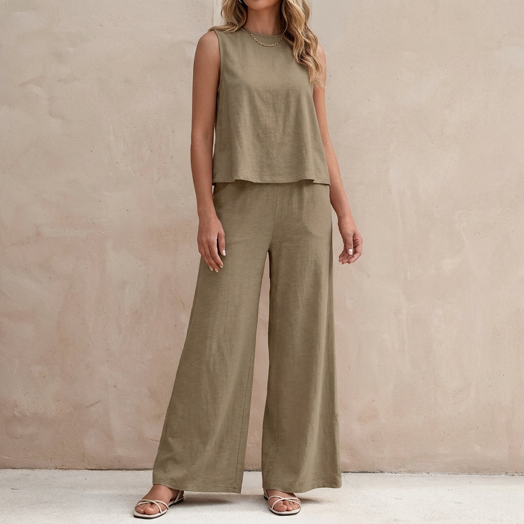 Duttini | Graceful Sunlit Sleeveless Two-Piece Set With Flowing Wide-Leg Pants