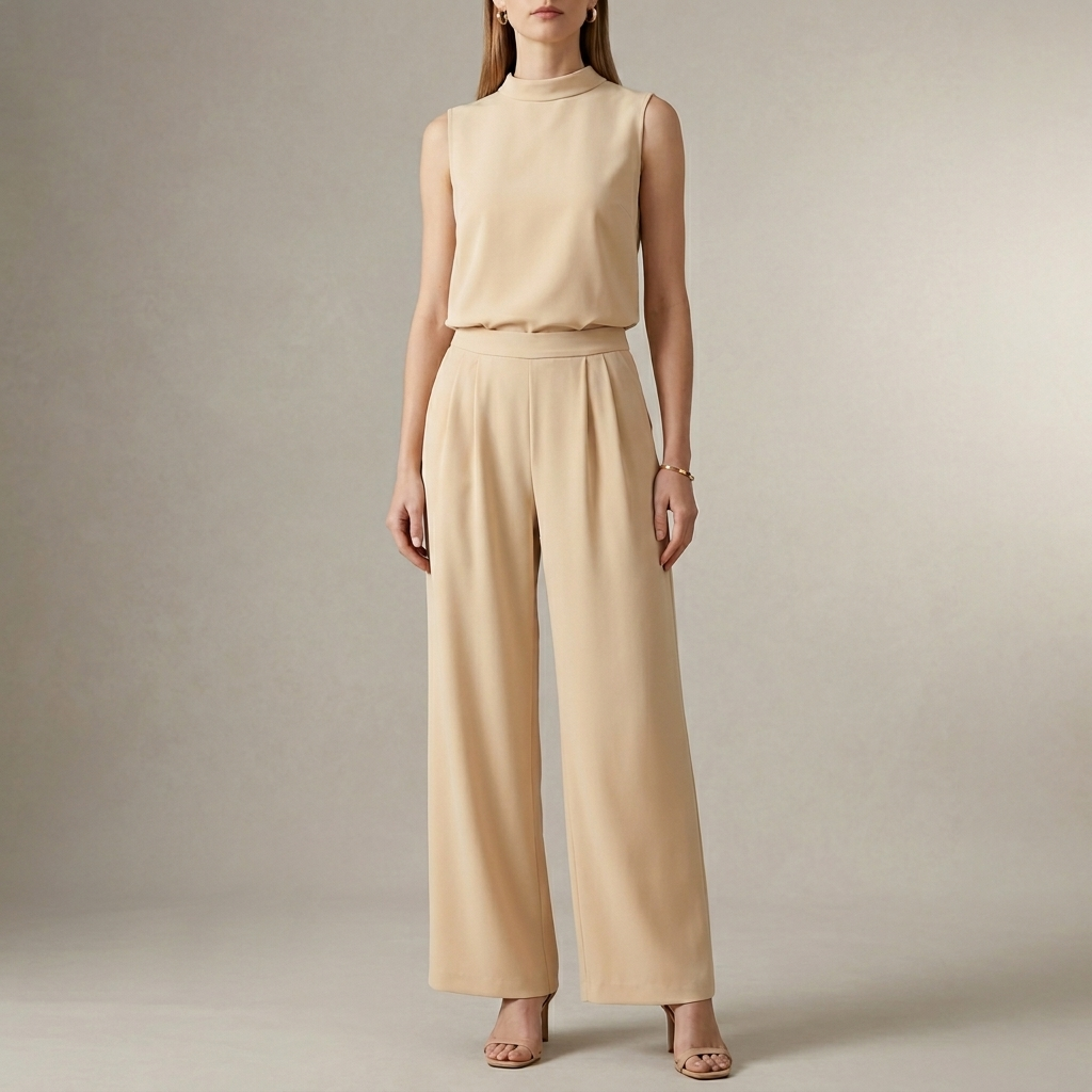 Duttini | Flowing Tailored Sleeveless Mock-Neck Top With High-Waisted Wide-Leg Trousers Set