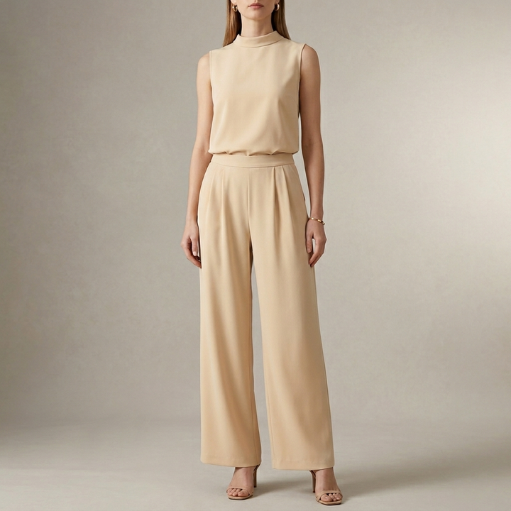 Duttini | Flowing Tailored Sleeveless Mock-Neck Top With High-Waisted Wide-Leg Trousers Set