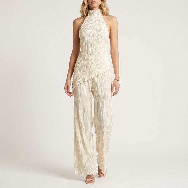 Duttini | Sophisticated Celeste Pleated Halter Top And Wide-Leg Pant Set