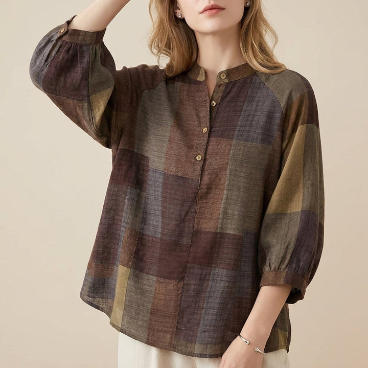 Duttini | Luxe Relaxed Lantern Sleeve Blouse With Mandarin Collar And Curved Hem