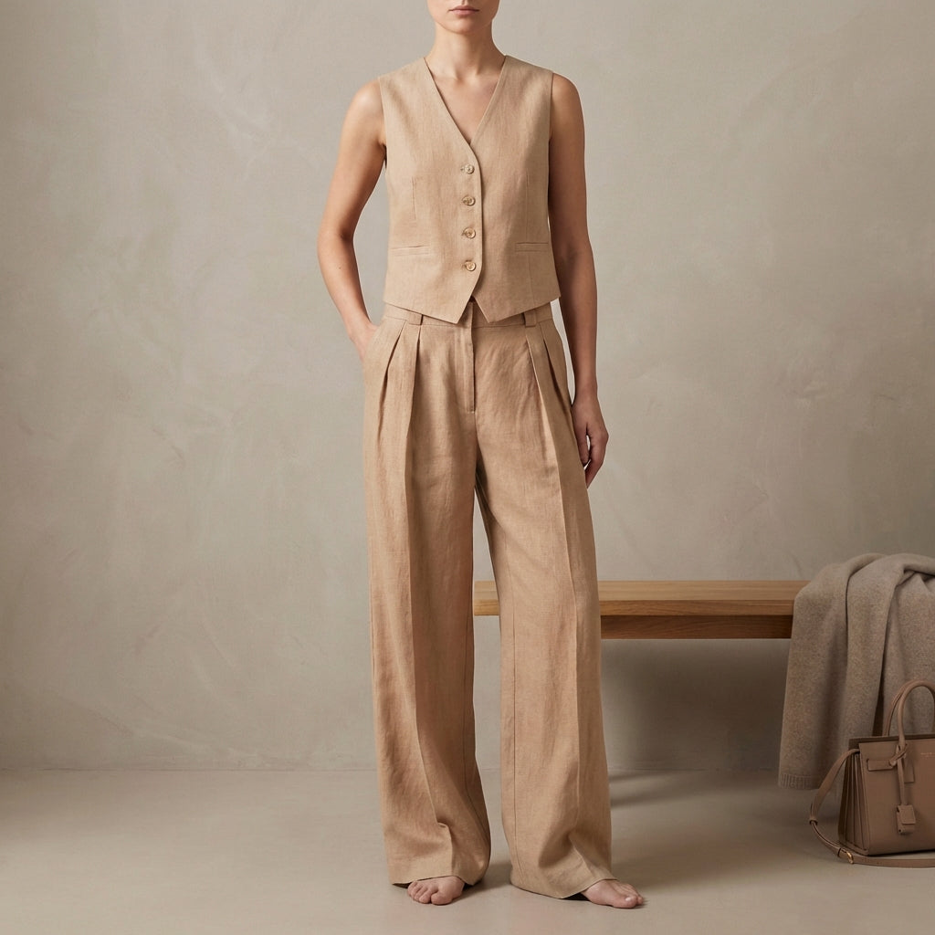 Duttini | Graceful Tailored Linen Sleeveless Vest And High-Waisted Pleated Trouser Set