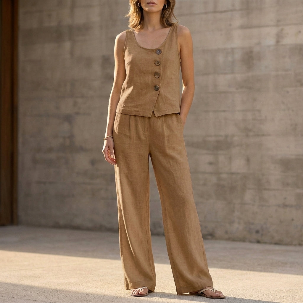 Duttini | Luxe Relaxed Sleeveless Two-Piece Set With Decorative Buttons And Wide-Leg Trousers