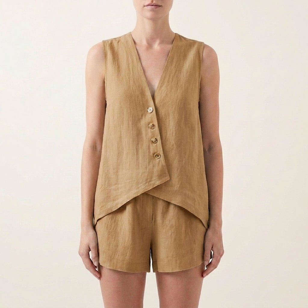 Duttini | Statement Relaxed Sleeveless V-Neck Two-Piece Set With Asymmetrical Button Front