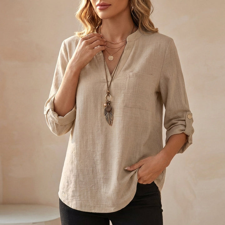 Duttini | Chic Relaxed V-Neck Cotton Linen Tunic Blouse With Roll-Up Sleeves