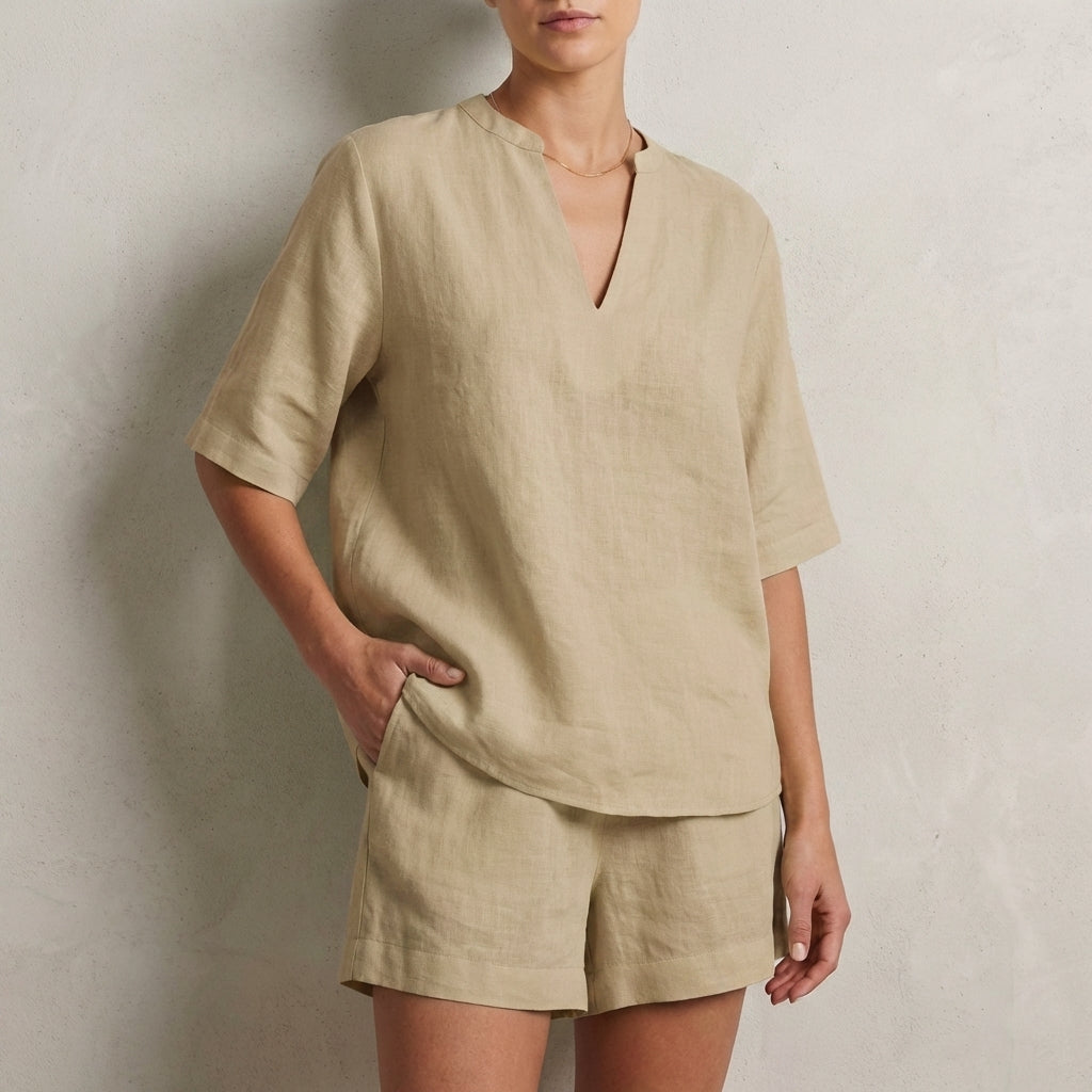 Duttini | Sculpted Relaxed Two-Piece Set With Split V-Neck Top And Wide-Leg Shorts