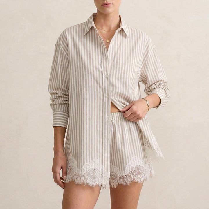 Duttini | Sculpted Relaxed Lace-Trimmed Two-Piece Shirt And Shorts Set With Classic Collar