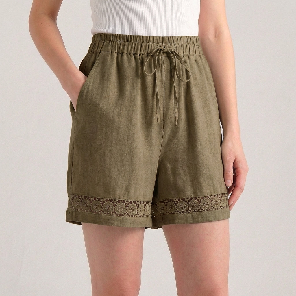 Duttini | Modern Wide-Leg Mini Shorts With Delicate Lace Hem And Drawstring Waist